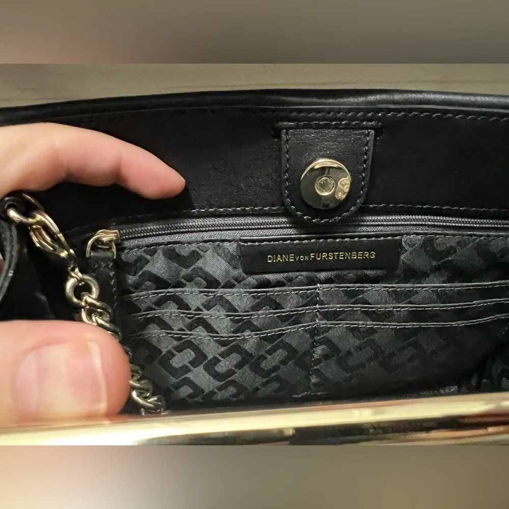 DVF Diane Von Furstenberg Black Suede Leather Gold Chain Handbag / Clutch